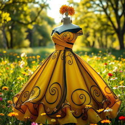 A stunning dress design inspired by bees, featuring a vibrant yellow and black color palette that mimics the natural coloration of bee stripes