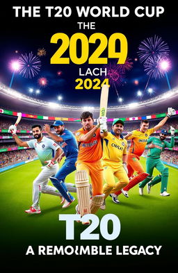 A vibrant and dynamic sports poster titled "The T20 World Cup 2024 - A Remarkable Legacy" featuring an action-packed scene of a cricket match in progress