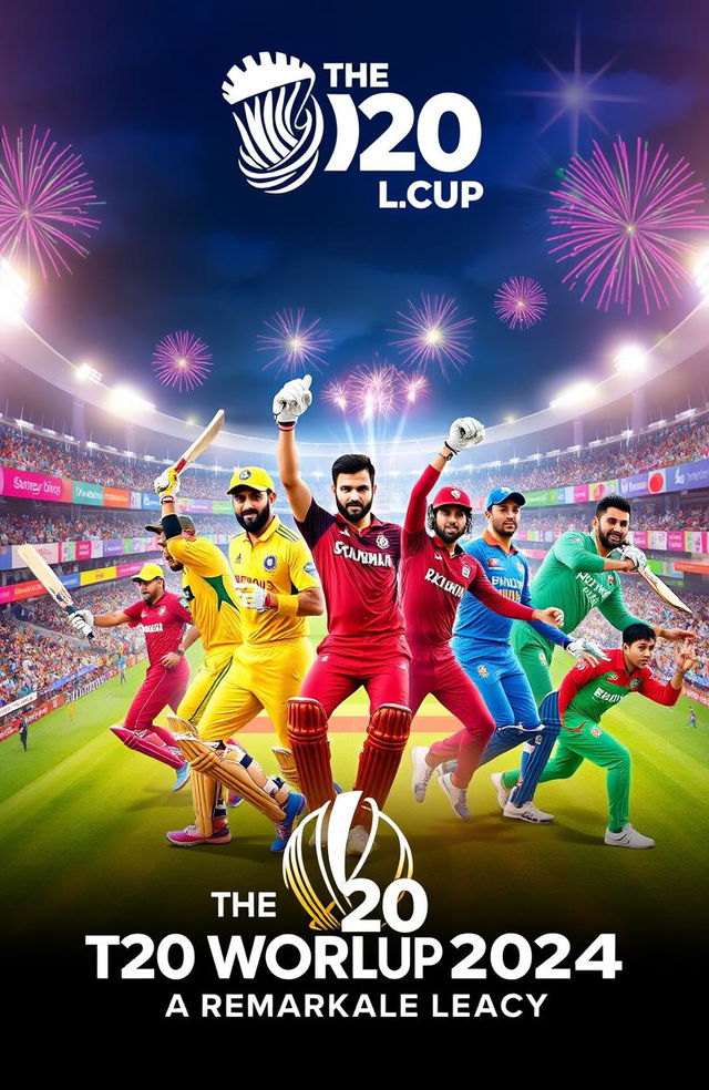 A vibrant and dynamic sports poster titled "The T20 World Cup 2024 - A Remarkable Legacy" featuring an action-packed scene of a cricket match in progress