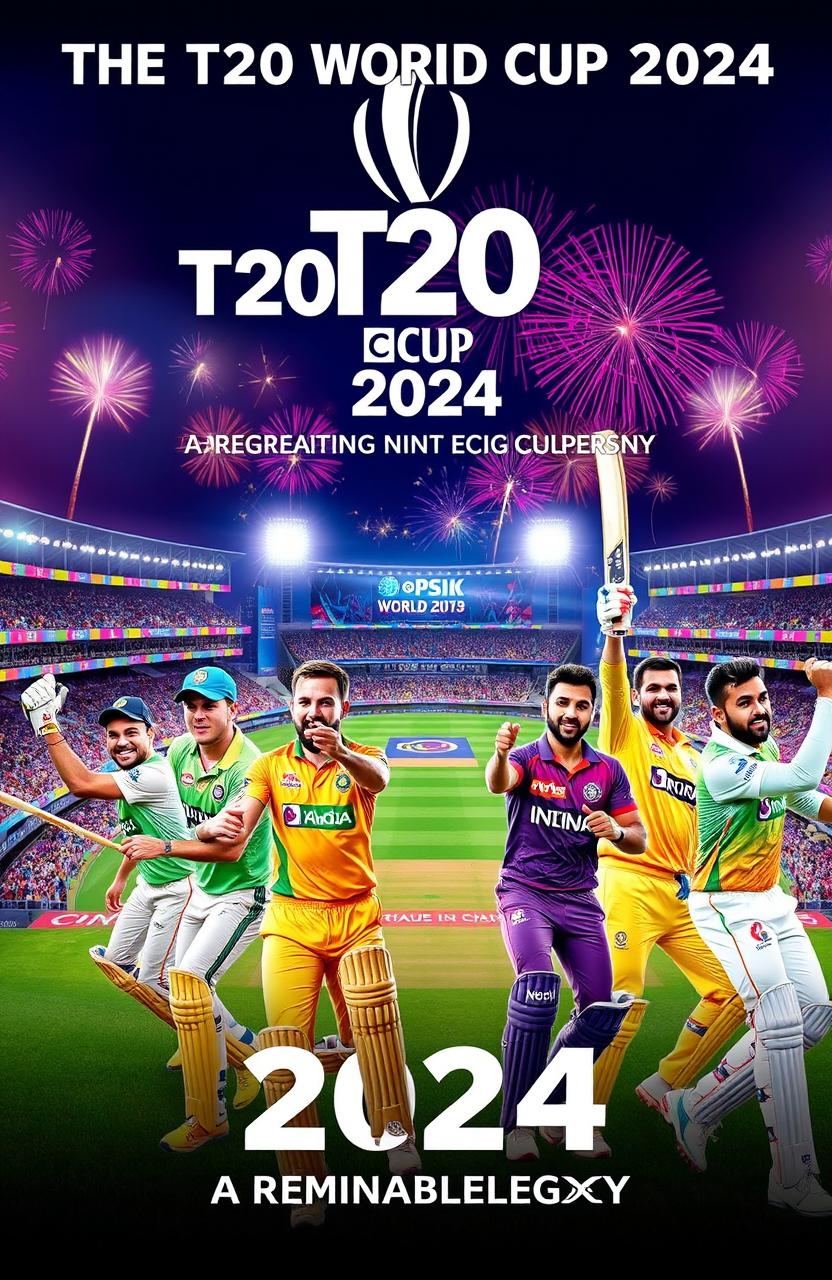 A vibrant and dynamic sports poster titled "The T20 World Cup 2024 - A Remarkable Legacy" featuring an action-packed scene of a cricket match in progress