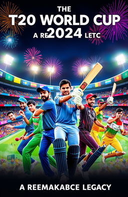 A vibrant and dynamic sports poster titled "The T20 World Cup 2024 - A Remarkable Legacy" featuring an action-packed scene of a cricket match in progress