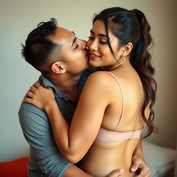 A 39-year-old Indonesian man with pure white skin is tenderly embracing a beautiful 28-year-old woman with a sturdy and sexy body from behind while gently kissing her cheek