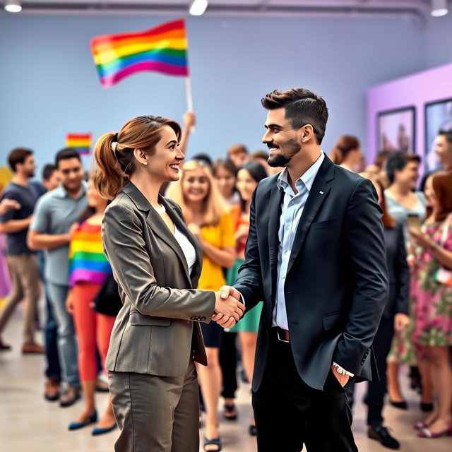 A vibrant, inclusive scene depicting the dynamic roles of men, women, and LGBTQ individuals in contemporary society