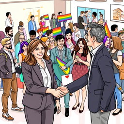 A vibrant, inclusive scene depicting the dynamic roles of men, women, and LGBTQ individuals in contemporary society