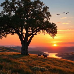 A serene landscape at sunset, featuring rolling hills covered in wildflowers, with a peaceful river reflecting the orange and pink hues of the sky