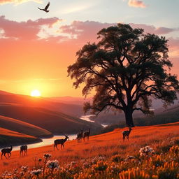 A serene landscape at sunset, featuring rolling hills covered in wildflowers, with a peaceful river reflecting the orange and pink hues of the sky
