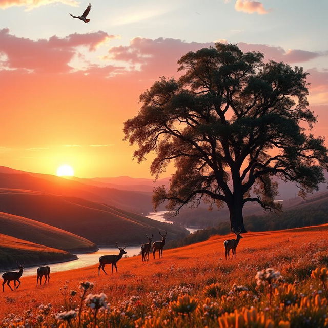 A serene landscape at sunset, featuring rolling hills covered in wildflowers, with a peaceful river reflecting the orange and pink hues of the sky