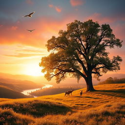A serene landscape at sunset, featuring rolling hills covered in wildflowers, with a peaceful river reflecting the orange and pink hues of the sky