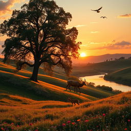 A serene landscape at sunset, featuring rolling hills covered in wildflowers, with a peaceful river reflecting the orange and pink hues of the sky