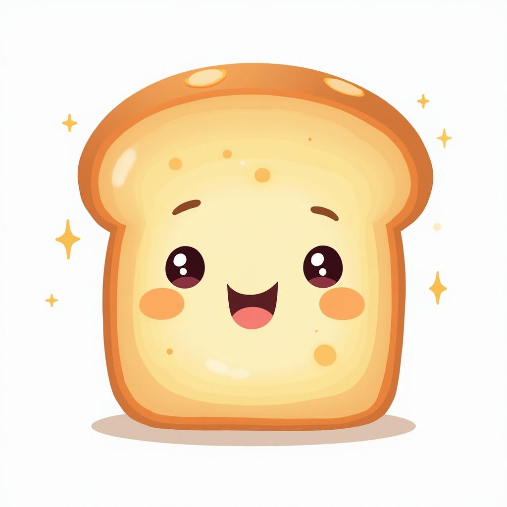 A whimsical illustration of a cute loaf of bread with a cheerful expression, featuring a big smile and dreamy sparkling eyes