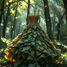 A stunning dress design inspired by the beauty of a tree, featuring intricate leaf patterns and bark-like textures