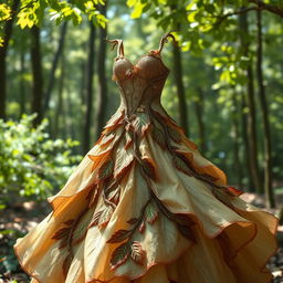 A stunning dress design inspired by the beauty of a tree, featuring intricate leaf patterns and bark-like textures