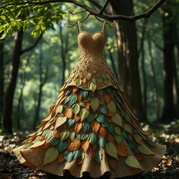 A stunning dress design inspired by the beauty of a tree, featuring intricate leaf patterns and bark-like textures