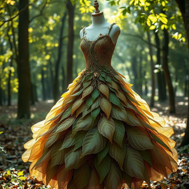 A stunning dress design inspired by the beauty of a tree, featuring intricate leaf patterns and bark-like textures