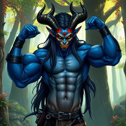 A blue tiefling man with six muscular arms, elegantly curved horns, and long flowing black hair, showcasing his impressive abs