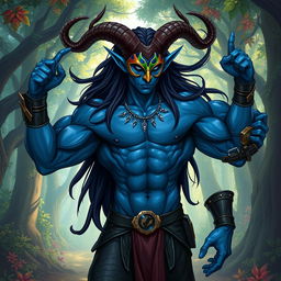 A blue tiefling man with six muscular arms, elegantly curved horns, and long flowing black hair, showcasing his impressive abs
