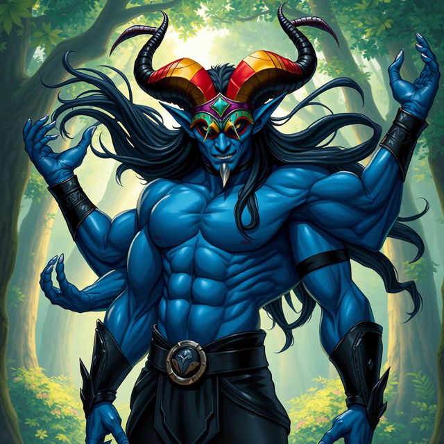 A blue tiefling man with six muscular arms, elegantly curved horns, and long flowing black hair, showcasing his impressive abs