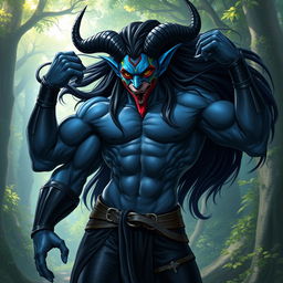 A blue tiefling man with six muscular arms, elegantly curved horns, and long flowing black hair, showcasing his impressive abs