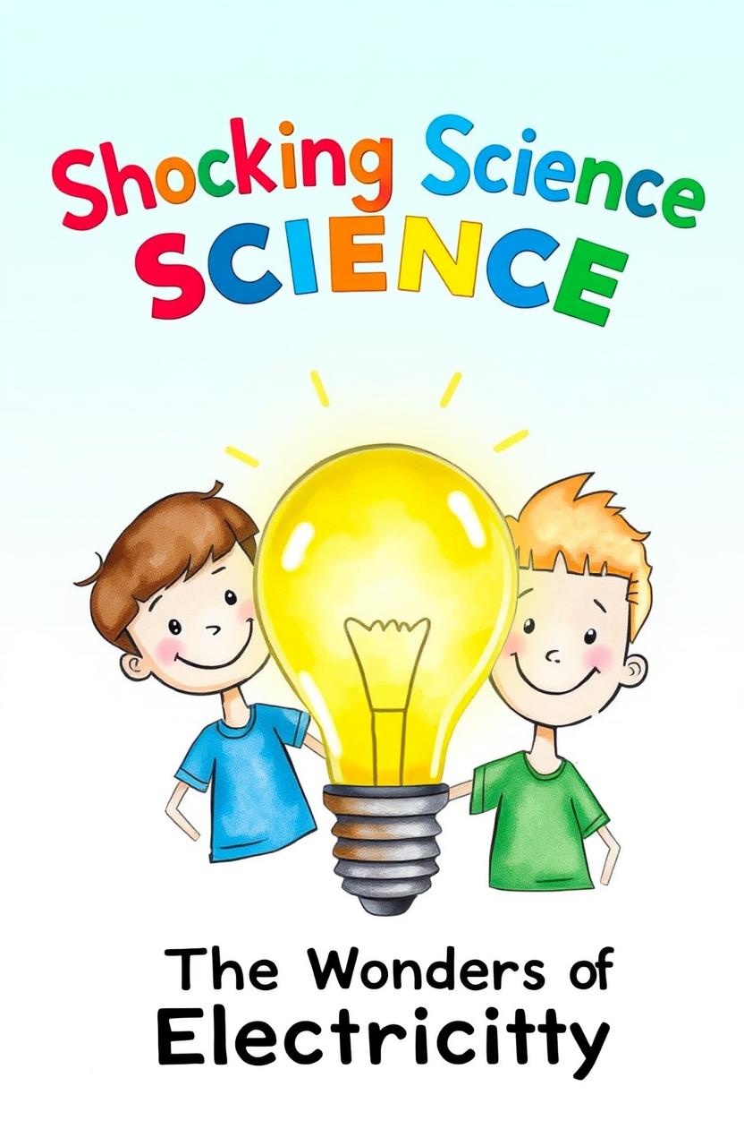 A simple cartoon watercolor illustration of a book cover featuring a large light bulb in the center, symbolizing electricity