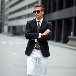 A sophisticated man in a stylish black and white themed suit, showcasing modern tailoring and elegant details