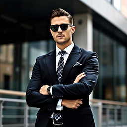 A sophisticated man in a stylish black and white themed suit, showcasing modern tailoring and elegant details