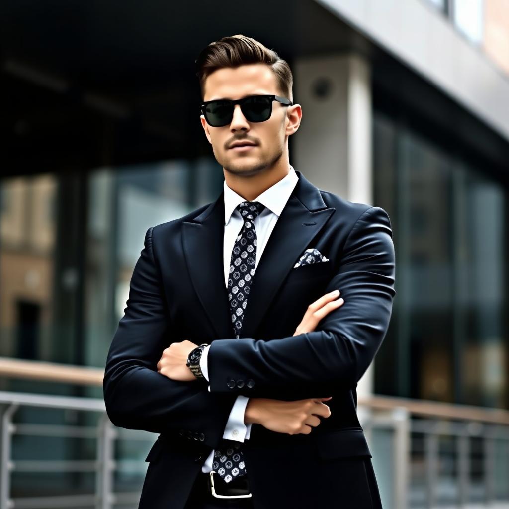 A sophisticated man in a stylish black and white themed suit, showcasing modern tailoring and elegant details