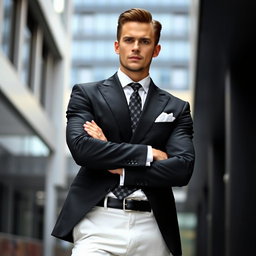 A sophisticated man in a stylish black and white themed suit, showcasing modern tailoring and elegant details