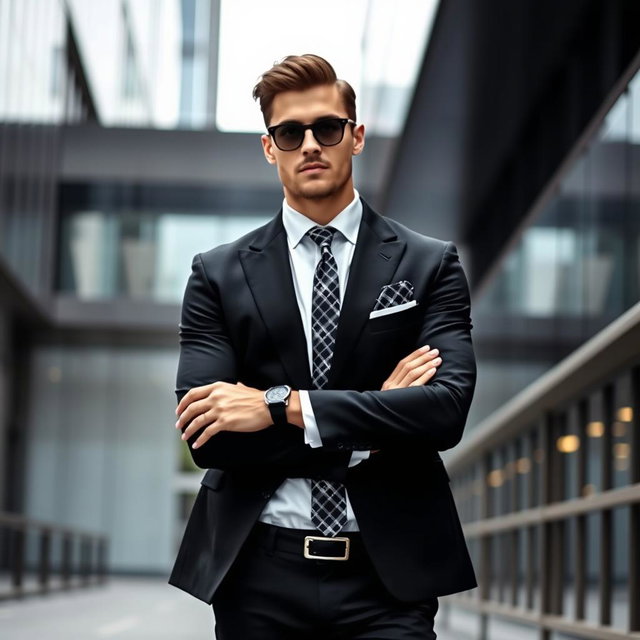 A sophisticated man in a stylish black and white themed suit, showcasing modern tailoring and elegant details