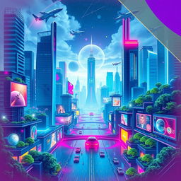 A vibrant and inspiring futuristic vision board background showcasing a city skyline filled with sleek skyscrapers, flying cars, and lush greenery integrated into architecture