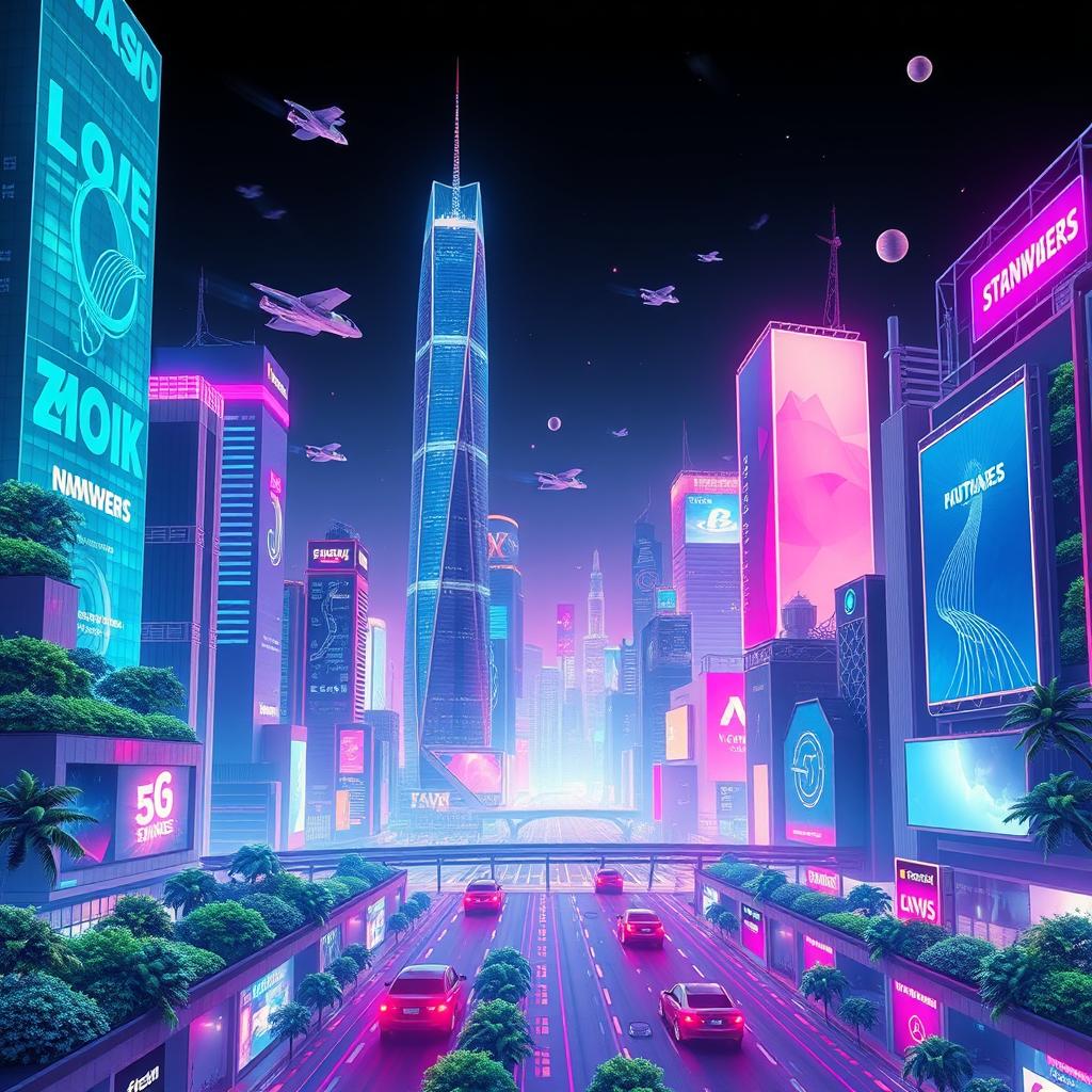 A vibrant and inspiring futuristic vision board background showcasing a city skyline filled with sleek skyscrapers, flying cars, and lush greenery integrated into architecture