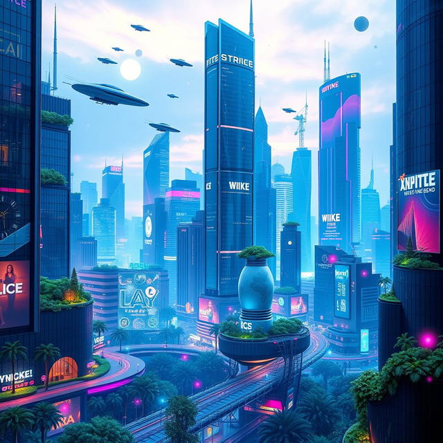 A vibrant and inspiring futuristic vision board background showcasing a city skyline filled with sleek skyscrapers, flying cars, and lush greenery integrated into architecture