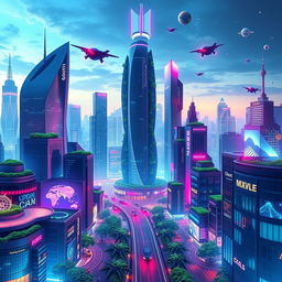 A vibrant and inspiring futuristic vision board background showcasing a city skyline filled with sleek skyscrapers, flying cars, and lush greenery integrated into architecture