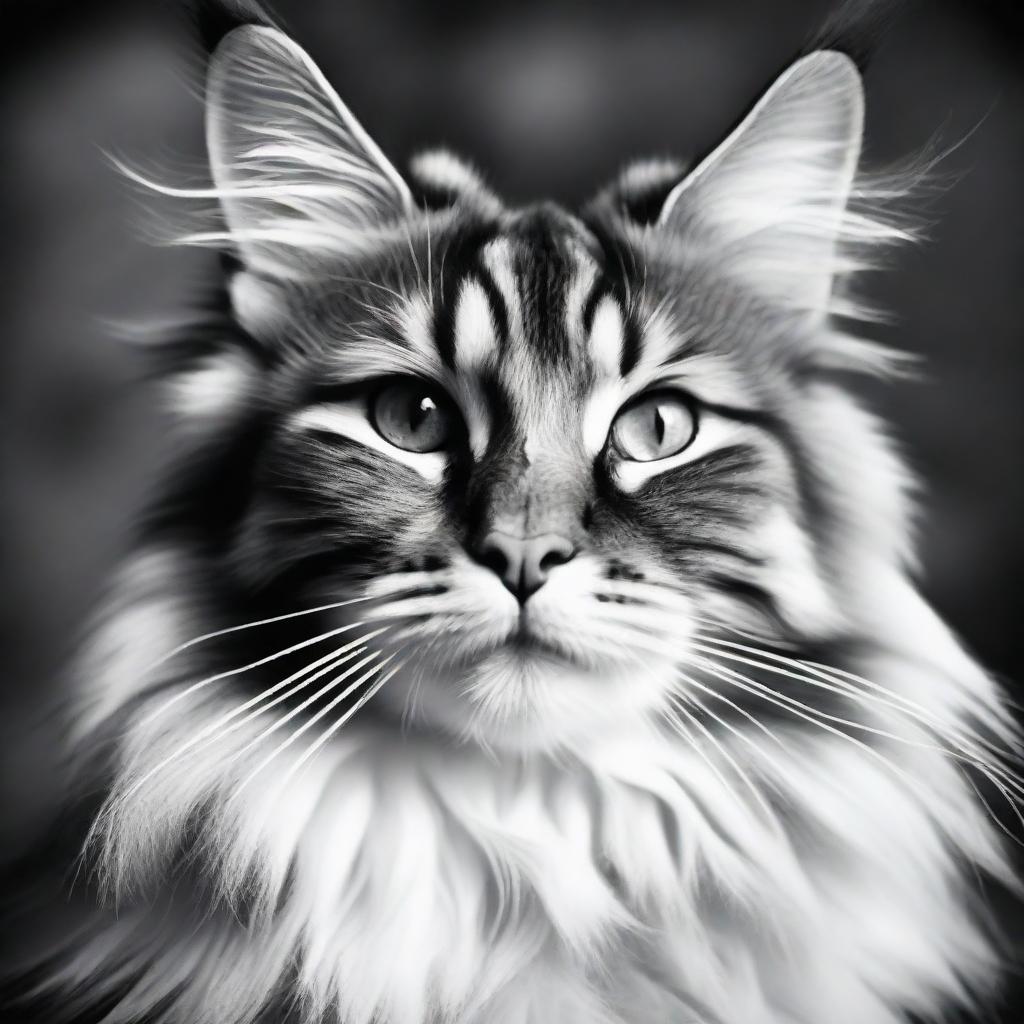 An artistic black and white portrait of a Maine Coon cat. Capture its unique characteristics, long, lush fur and tufted ears, while enhancing its dramatic facial expressions.