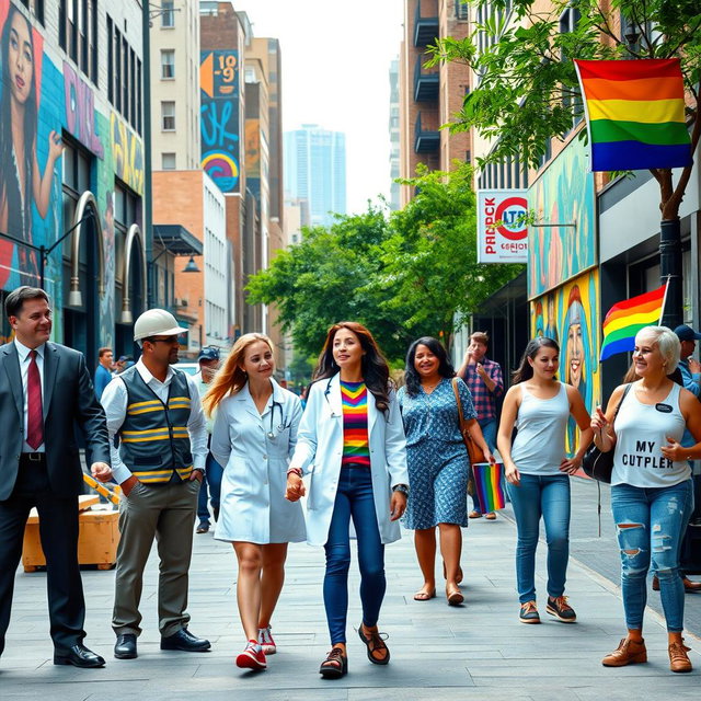 A vibrant and diverse city street scene showcasing the current roles of men, women, and LGBTQ individuals in society