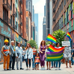 A vibrant and diverse city street scene showcasing the current roles of men, women, and LGBTQ individuals in society