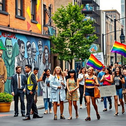 A vibrant and diverse city street scene showcasing the current roles of men, women, and LGBTQ individuals in society
