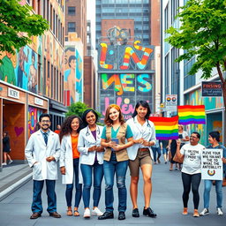A vibrant and diverse city street scene showcasing the current roles of men, women, and LGBTQ individuals in society