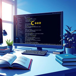A visually striking and detailed illustration of a C++ programming environment, featuring an elegant code editor with highlighted C++ syntax, a console window displaying output messages, and various programming books scattered around