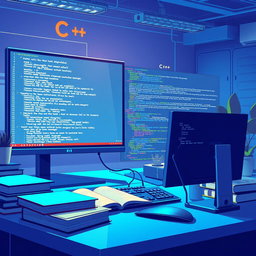 A visually striking and detailed illustration of a C++ programming environment, featuring an elegant code editor with highlighted C++ syntax, a console window displaying output messages, and various programming books scattered around