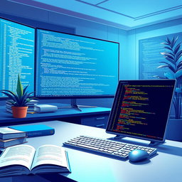 A visually striking and detailed illustration of a C++ programming environment, featuring an elegant code editor with highlighted C++ syntax, a console window displaying output messages, and various programming books scattered around