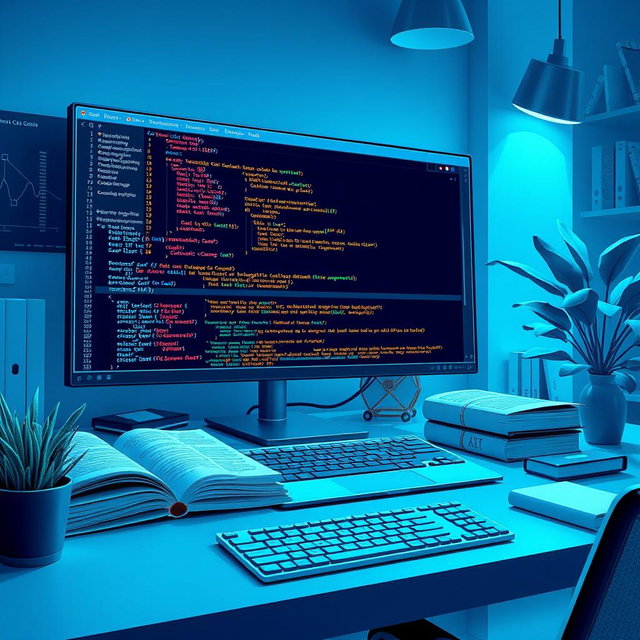 A visually striking and detailed illustration of a C++ programming environment, featuring an elegant code editor with highlighted C++ syntax, a console window displaying output messages, and various programming books scattered around