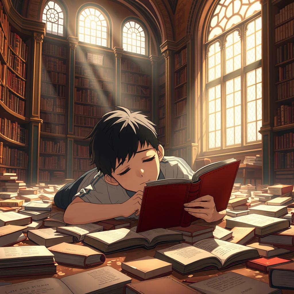 An animated scene showcasing a 15-year-old boy with short black hair lying on the floor rich with scattered books, attempting to read one while drowsily drifting into sleep