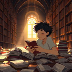 An animated scene showcasing a 15-year-old boy with short black hair lying on the floor rich with scattered books, attempting to read one while drowsily drifting into sleep