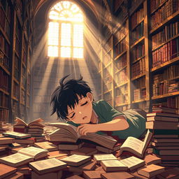An animated scene showcasing a 15-year-old boy with short black hair lying on the floor rich with scattered books, attempting to read one while drowsily drifting into sleep