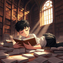 An animated scene showcasing a 15-year-old boy with short black hair lying on the floor rich with scattered books, attempting to read one while drowsily drifting into sleep
