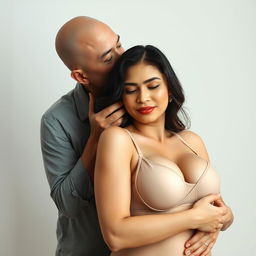 A 39-year-old Indonesian man with pure white skin is affectionately hugging a beautiful 28-year-old woman with a sturdy and sexy body from behind, gently kissing her cheek