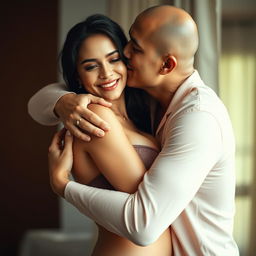 A 39-year-old Indonesian man with pure white skin is affectionately hugging a beautiful 28-year-old woman with a sturdy and sexy body from behind, gently kissing her cheek