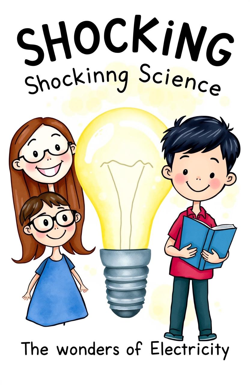 A flat front view, simple cartoon watercolor illustration of a book cover featuring a large light bulb in the center
