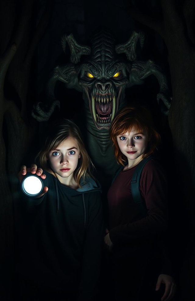 In a dark, eerie forest at night, two terrified teenagers are standing close together, holding a flashlight that dimly illuminates their faces