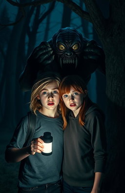 In a dark, eerie forest at night, two terrified teenagers are standing close together, holding a flashlight that dimly illuminates their faces